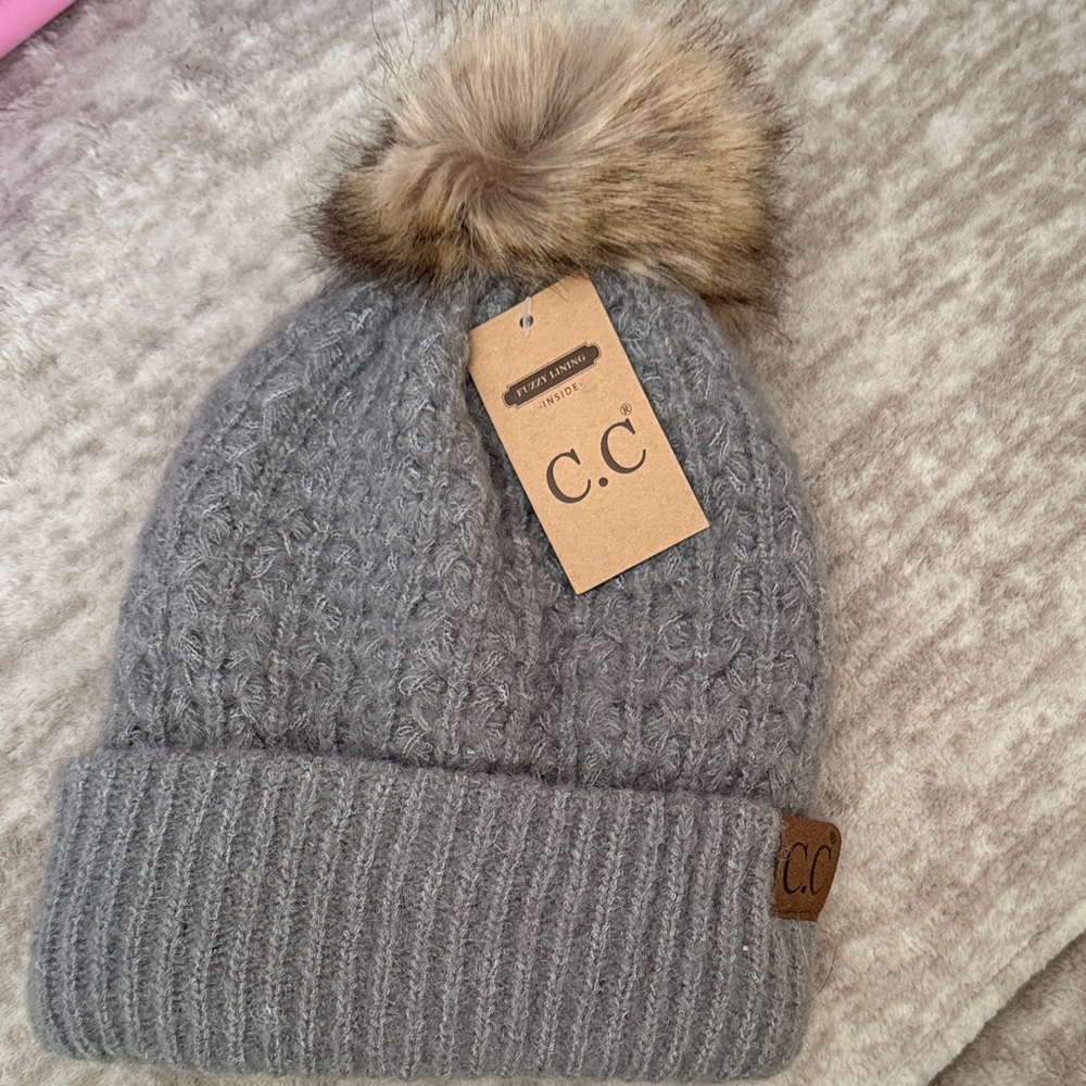 C.C Heather Gray Lined Beanie with Faux Fur Pom/ ASK 15% OFF